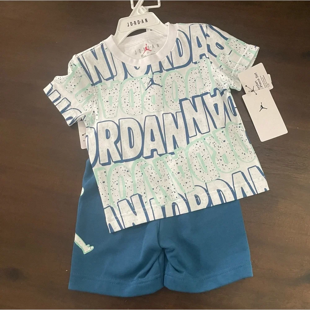 Jordan Kids 2-Piece Set Graphic T-Shirt and Shorts Blue White Mint‎ Green NEW